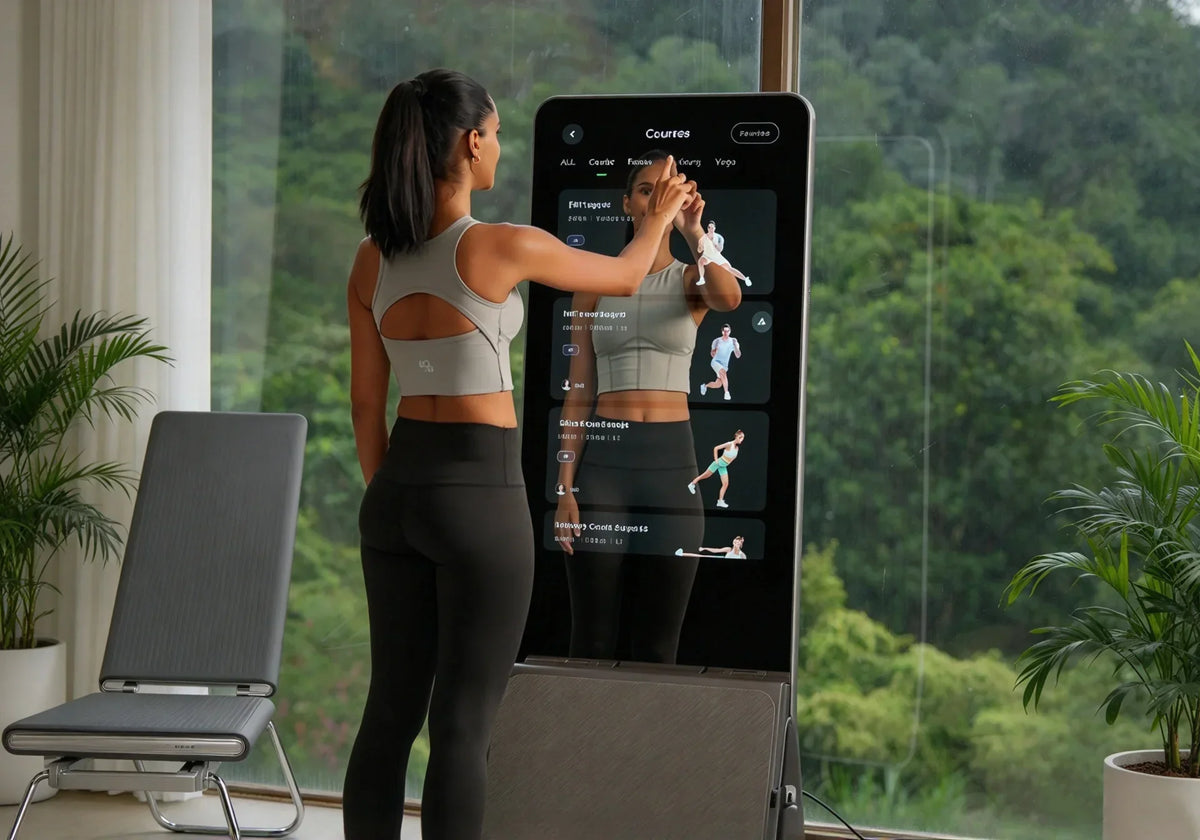 A woman interacting with a touch-screen workout mirror to select a fitness program.