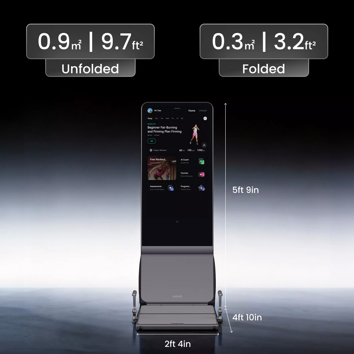 AEKE Smart Home Gym K1 dimensions: 0.9m unfolded, 0.3m folded. Height 5ft 9in.