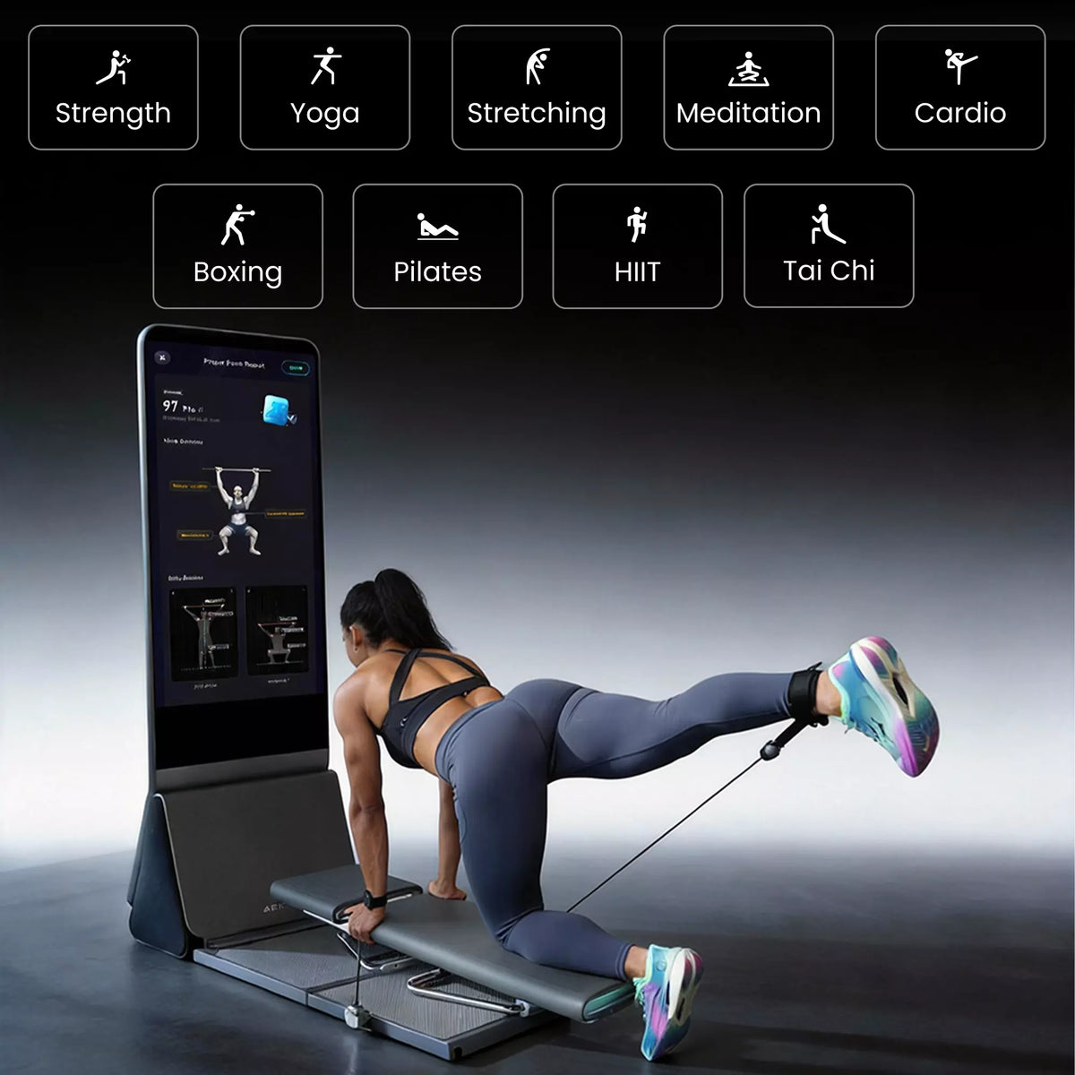 Woman performing leg exercise on AEKE Smart Home Gym K1 with workout type icons above.