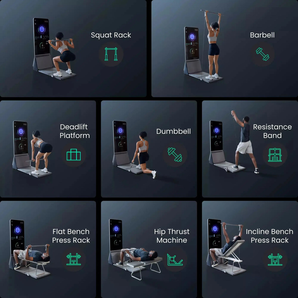 AEKE K1 home gym showcasing exercises: Squat, Barbell, Deadlift, Dumbbell, Resistance Band, Flat Bench, Hip Thrust, and Incline Press.