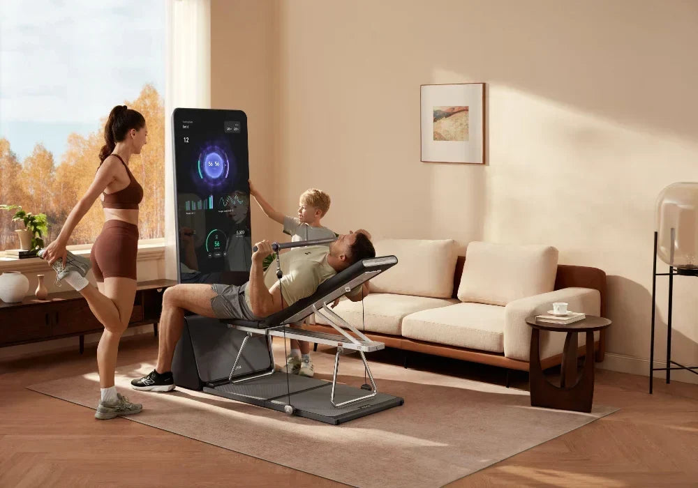 Smart home gym with man on bench press and family exercising