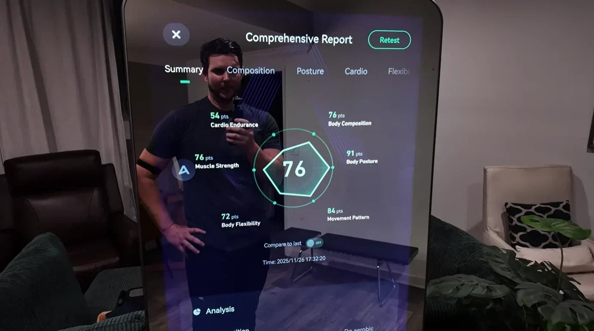 Smart home workout screen showing exercise metrics and guided training