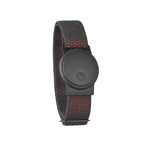 Black heart rate armband with red accents on the strap, featuring a circular black sensor.