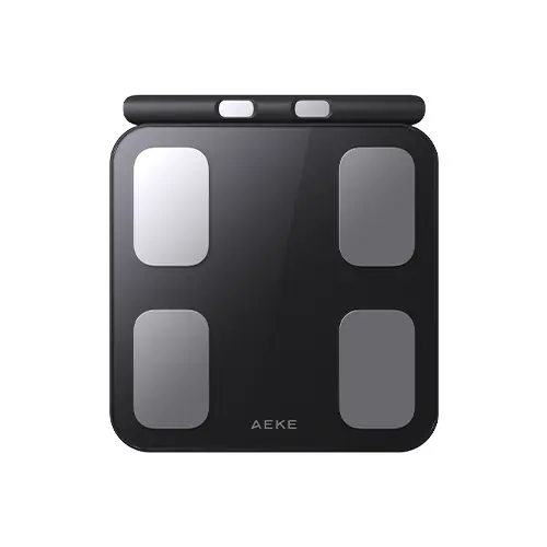 AEKE smart 8-electrode scale with a sleek black design and four silver measurement pads.