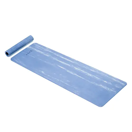 AEKE yoga mat with a marbled blue design, rolled at one end.