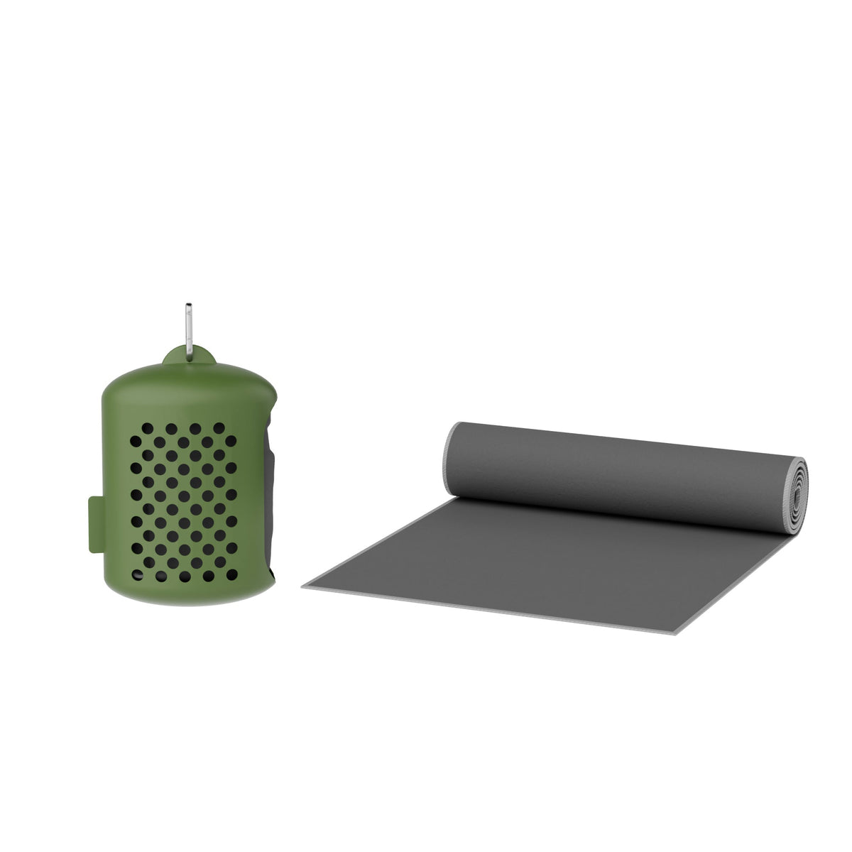 AEKE workout towel in its dark green storage case next to an unrolled dark gray yoga mat.