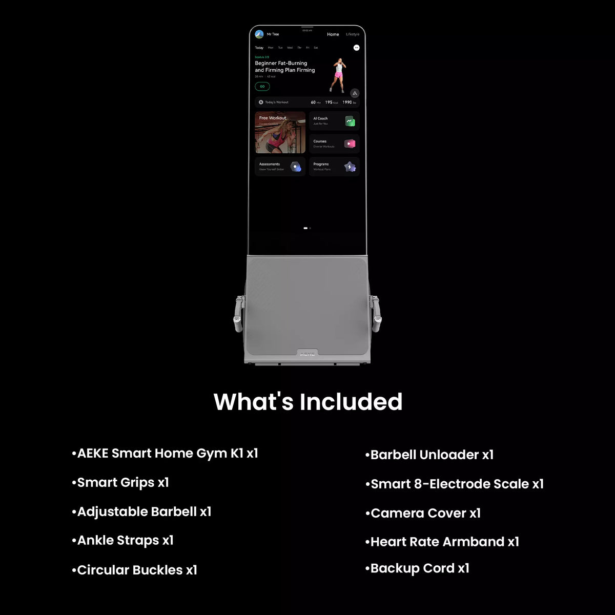 AEKE Smart Home Gym K1 and accessories bundle displayed with a list of included items.