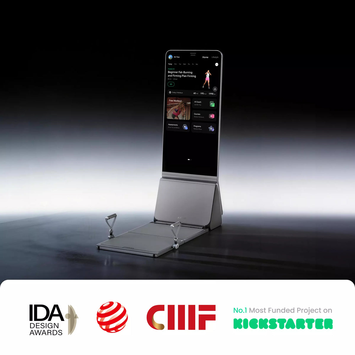 AEKE Smart Home Gym K1: Folded design, touchscreen interface, workout programs, AI coaching, design awards, and Kickstarter success.