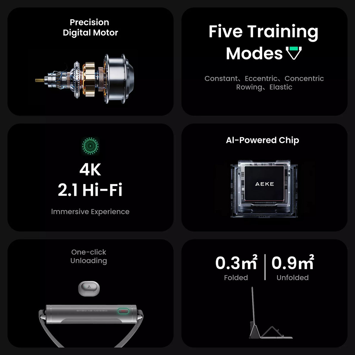 AEKE Fitness Bench B1: precision motor, 5 training modes, AI chip, 4K Hi-Fi, one-click unload, compact.